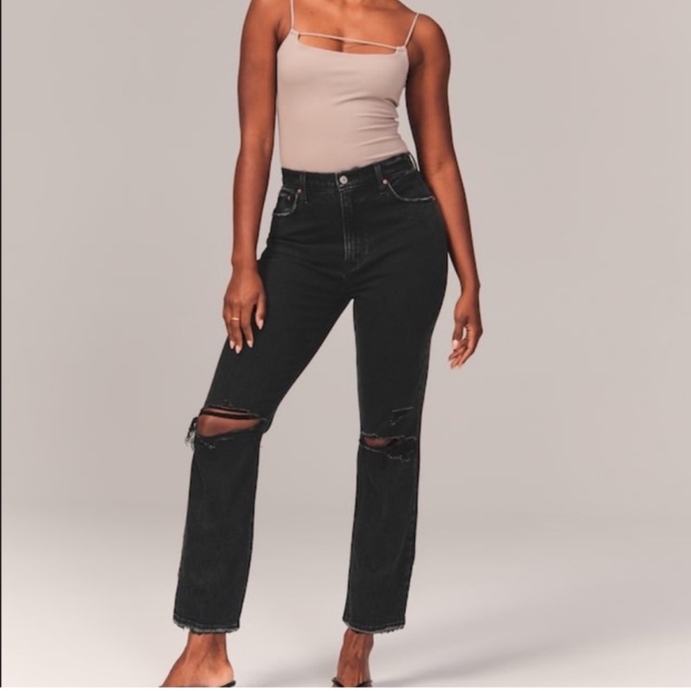 Abercrombie & Fitch Black Ankle Straight Leg Ultra High Rise Ripped Jeans 27